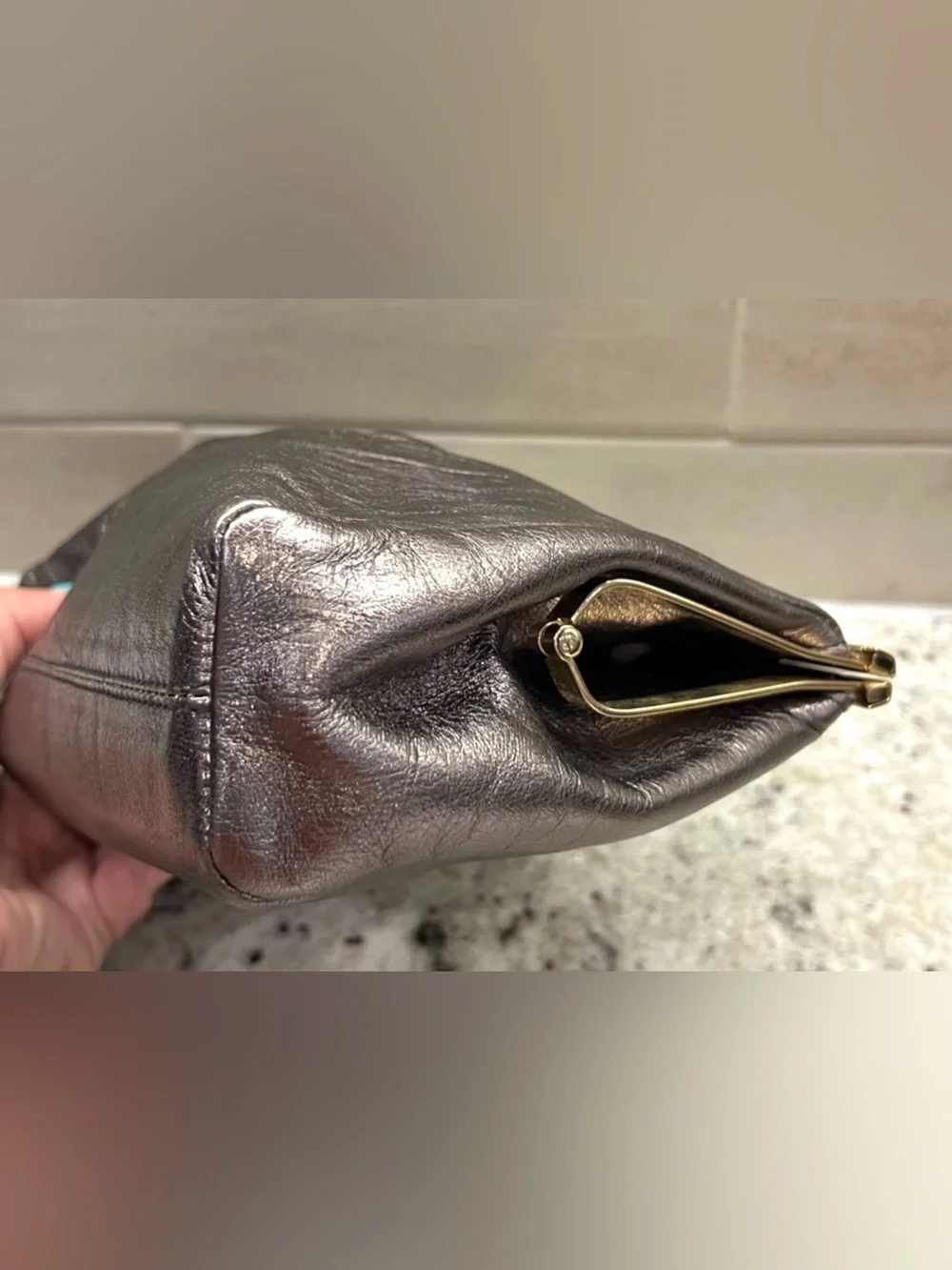 Furla Vintage Metallic Pewter Clutch with Gold Kisslock, Italian Calf Leather
